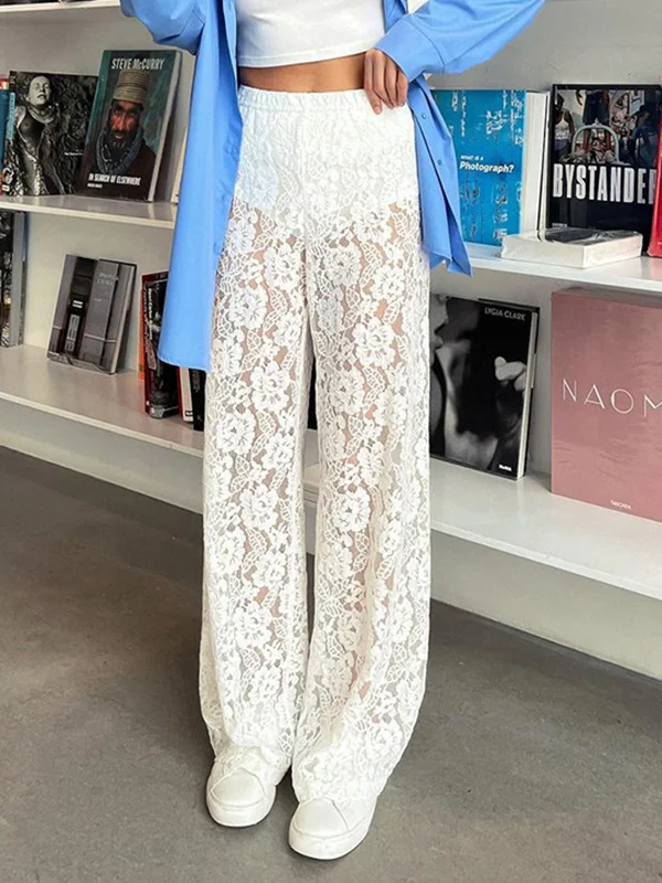 High Waisted Loose Jacquard See-Through Solid Color Pants Trousers