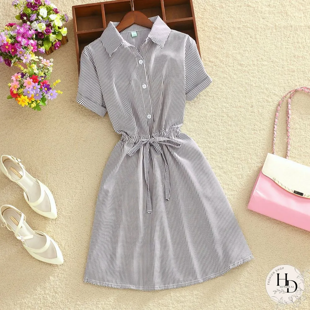 Elegant Office Summer Dress Shirt Blue Striped Cotton Turn Down Collar Wear Work Shirts
