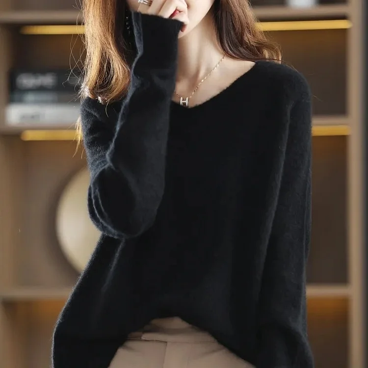 boyshy Fashion Merino Wool Cashmere Women Knitted Sweater V - Neck Long Sleeve Bottoming Shirt Pullover Autumn Clothing Jumper Top