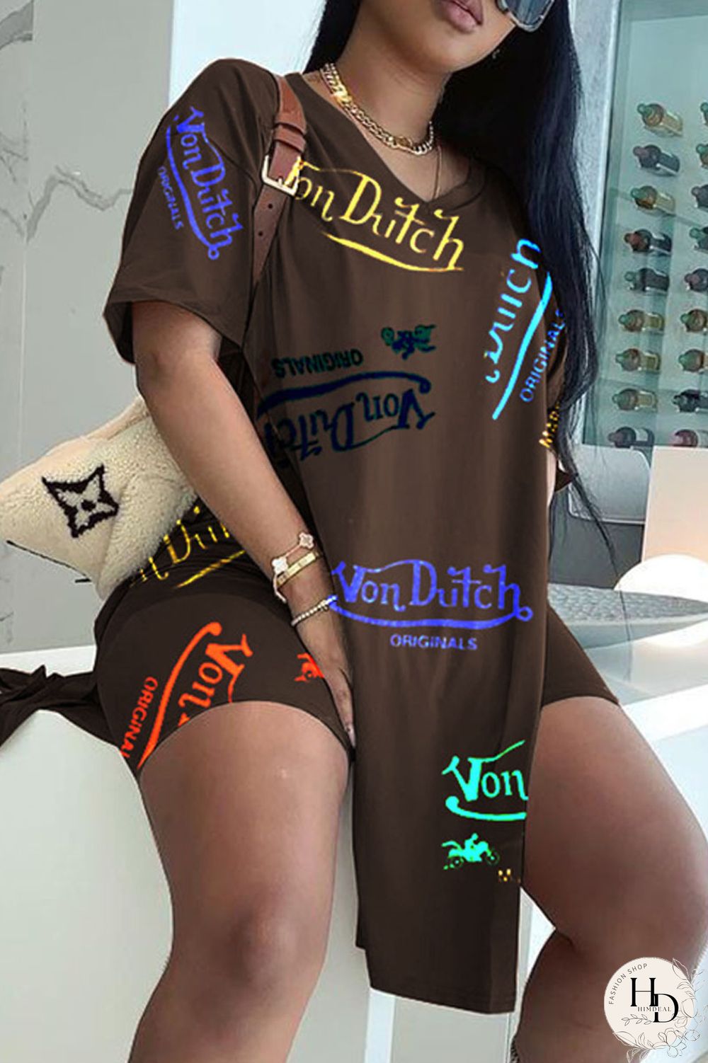 Black Fashion Casual Print Slit V Neck Short Sleeve Two Pieces