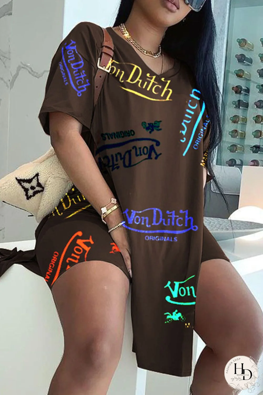 Black Fashion Casual Print Slit V Neck Short Sleeve Two Pieces