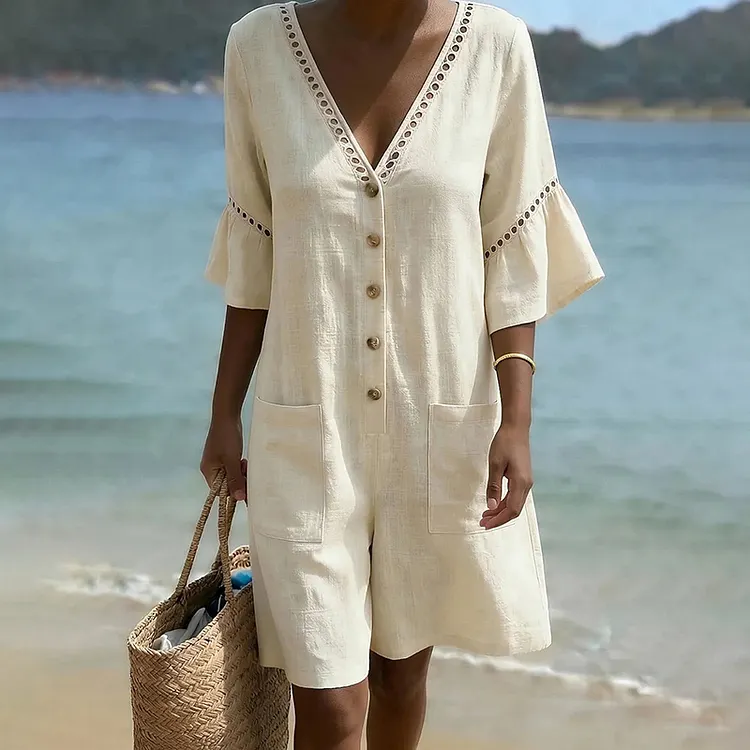 Cozy Lace-trimmed Cotton-linen Jumpsuit Pocket Shorts