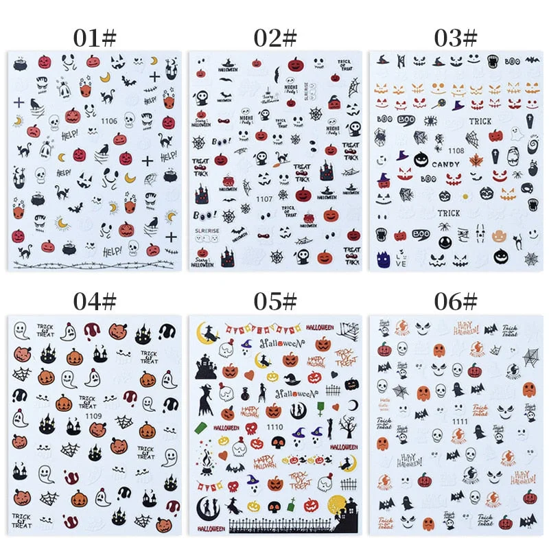 Halloween 3D Nail Stickers Skeleton Pumpkin Design Adhesive Nail Transfer Sliders Paper Autumn Winter DIY Nail Art Decoration