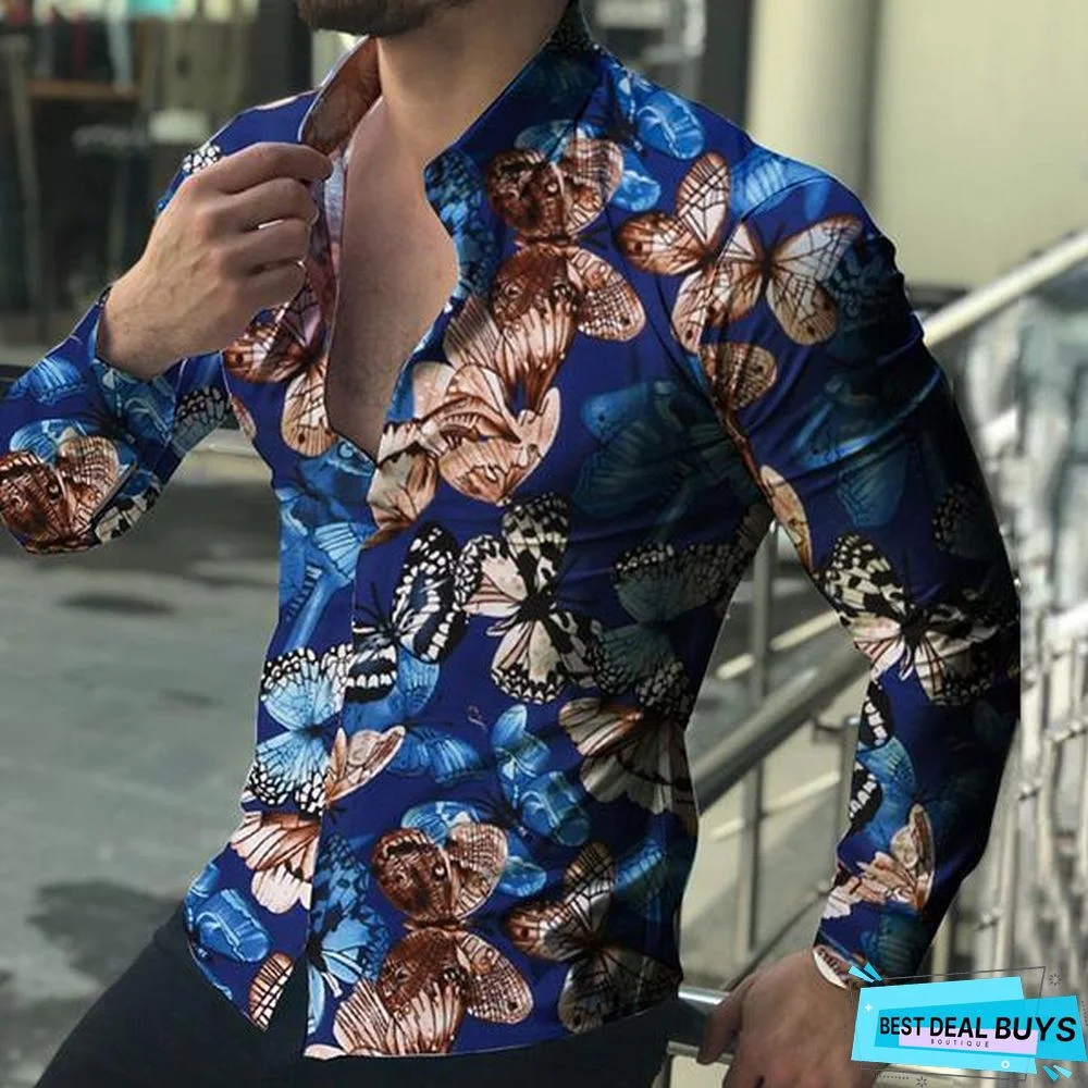Men's Stylish Butterfly Printed Casual Slim Fit Long Sleeve Shirts
