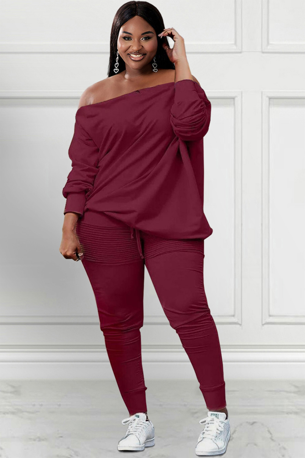 Design Plus Size Casual Pants Set Burgundy Long Sleeves Oblique Collar Sweatshirt Two Pieces Pants Set