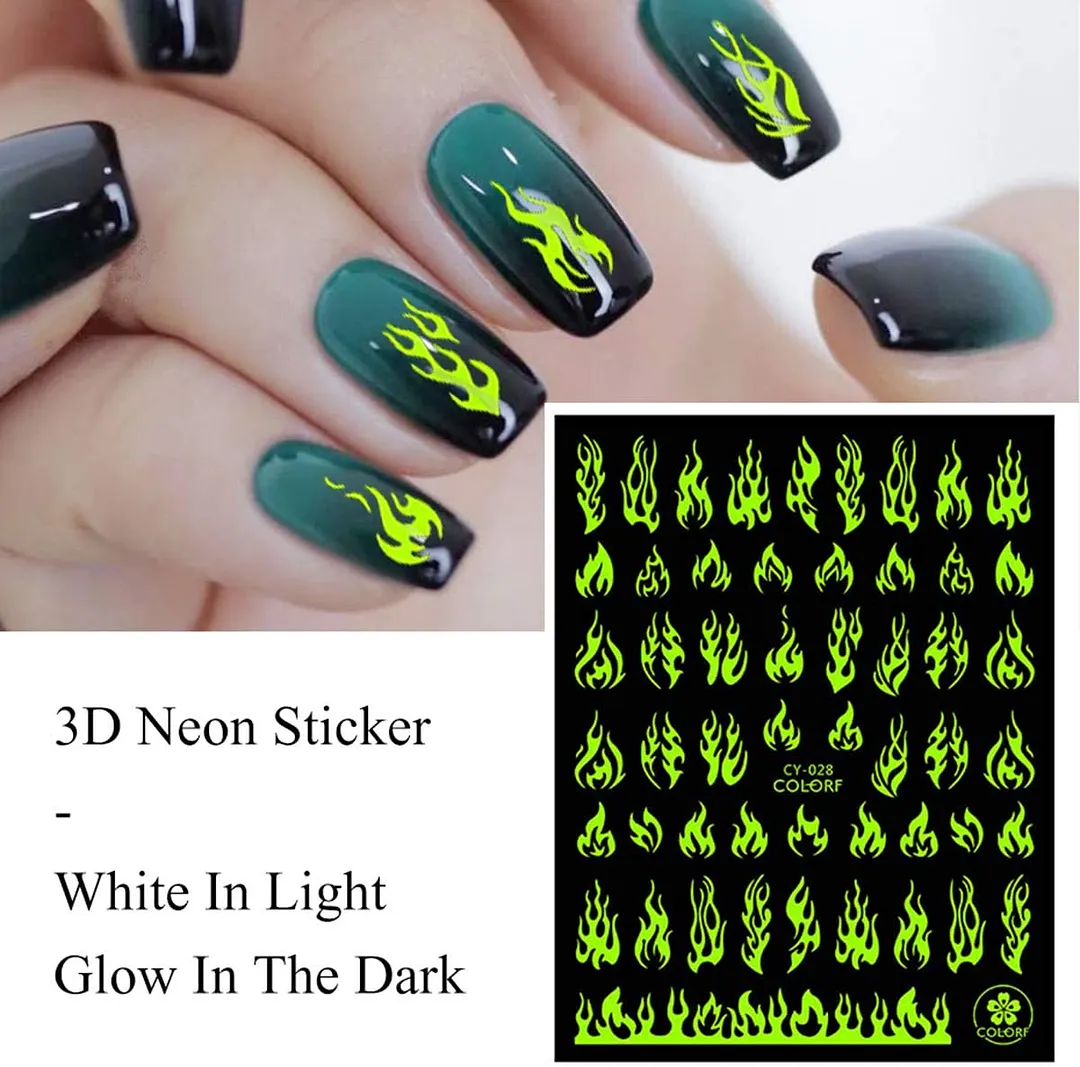 Nail Stickers Back Glue Fluorescent Light Flame Butterfly Moon Love Pattern Designs Nail Decal Decoration Tips For Beauty Salons-Nail Inspo