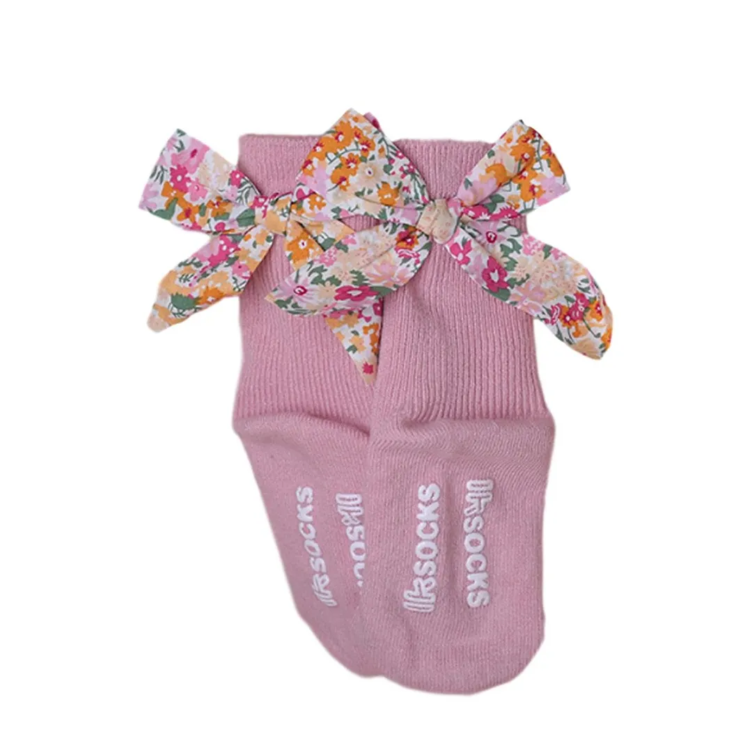 Infant Girls Cute Ribbed Socks Letter Printing Floral Bow Decoration Knitted Warm Non-Slip Breathable Socks 0-5Years