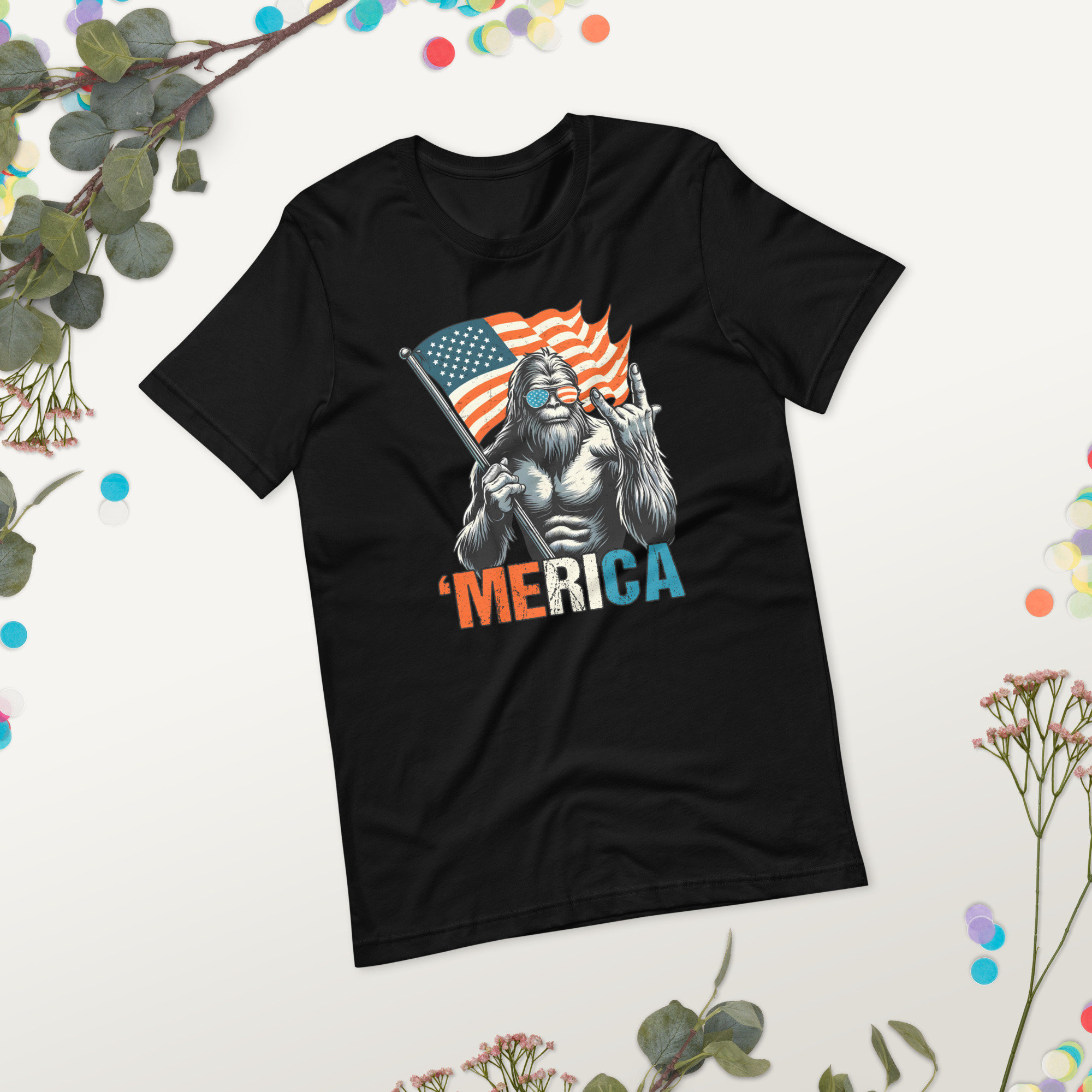 Loveyoufancy Merica Bigfoot Shirt, Patriotic USA Flag Tee, 4th of July, Sasquatch Believers Gift