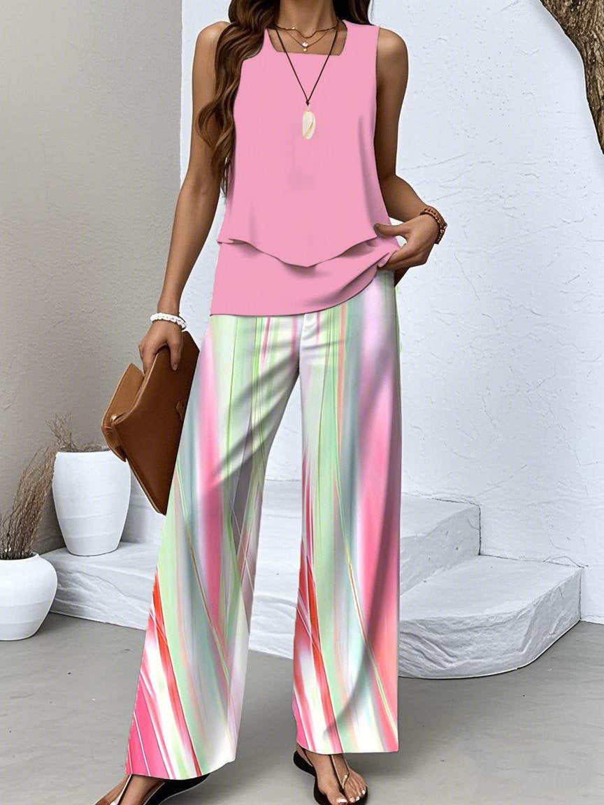 Women's Sleeveless Square Collar Striped Graphic Printed Casual Set