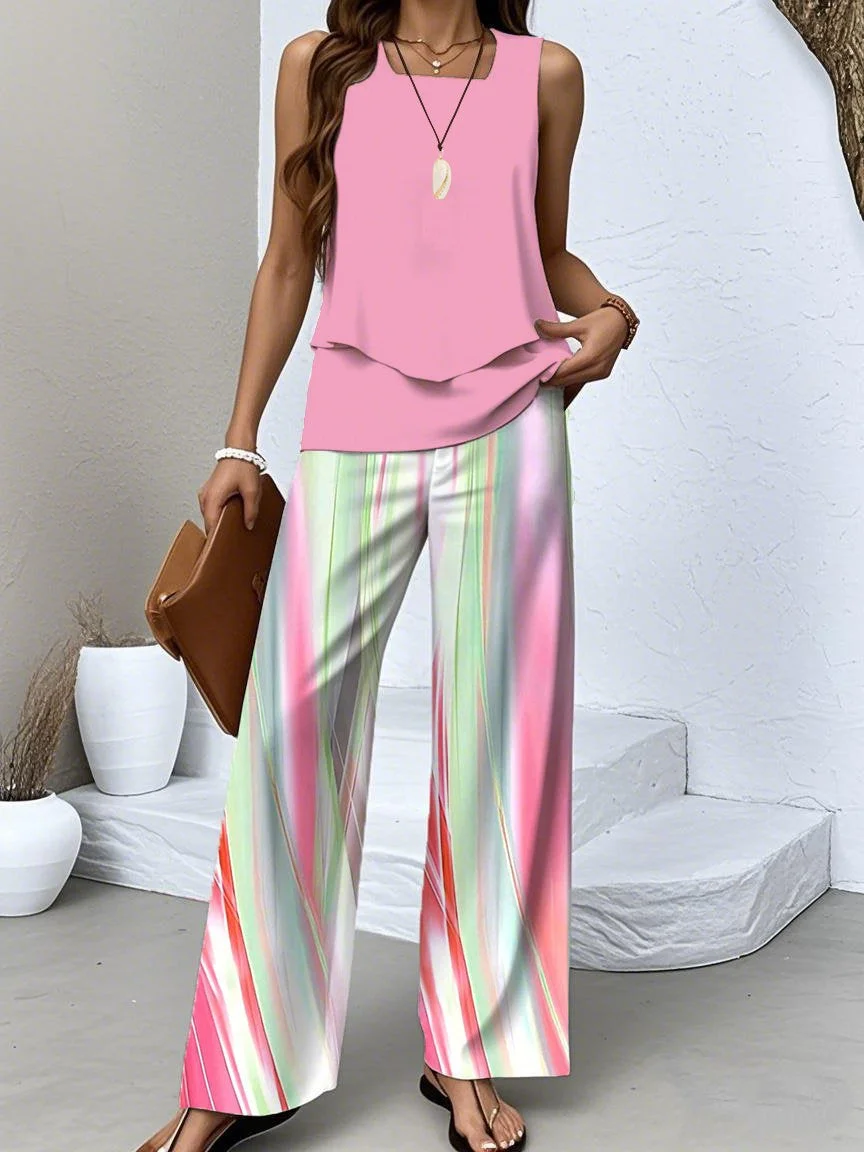 Women's Sleeveless Square Collar Striped Graphic Printed Casual Set