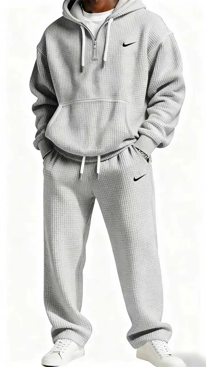 Tuta Sportiva 2 Pezzi In Waffle Per Uomo – Felpa Con Cerniera E Pantaloni Elasticizzati, Traspirante, Per Running E Relax