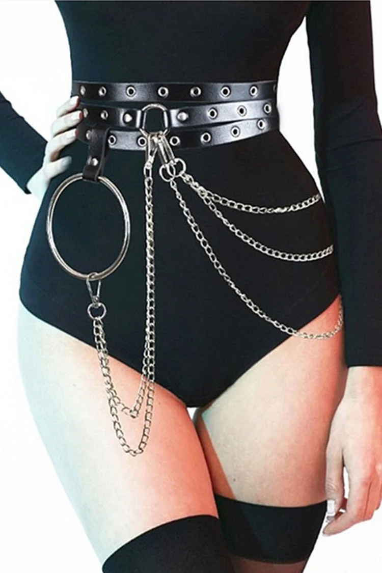 Gothic Black Party PU Leather Grommet Buckle Rings Multi-layer Waist Chain