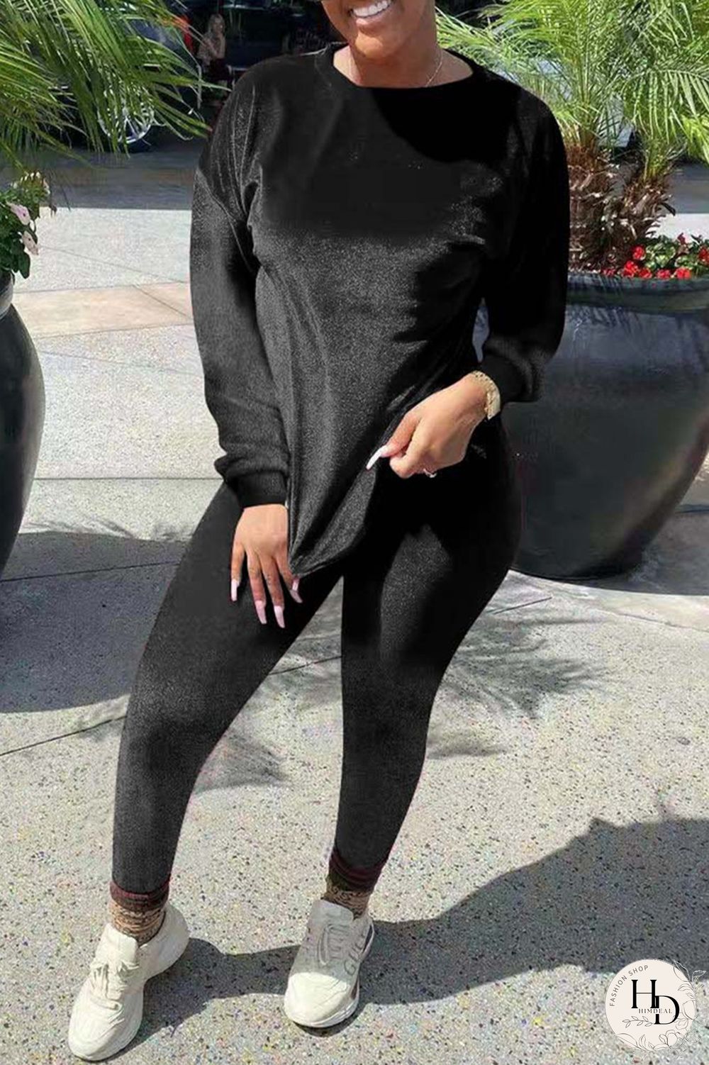Black Fashion Casual Solid Basic O Neck Long Sleeve Two Pieces