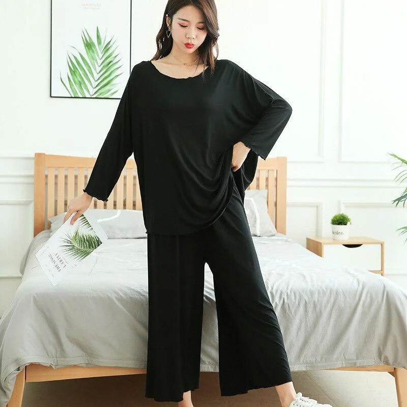 PLUS size home suits women autumn new loose long-sleeved pajamas two-piece set nine-point wide leg pants pijama sleepwear femme