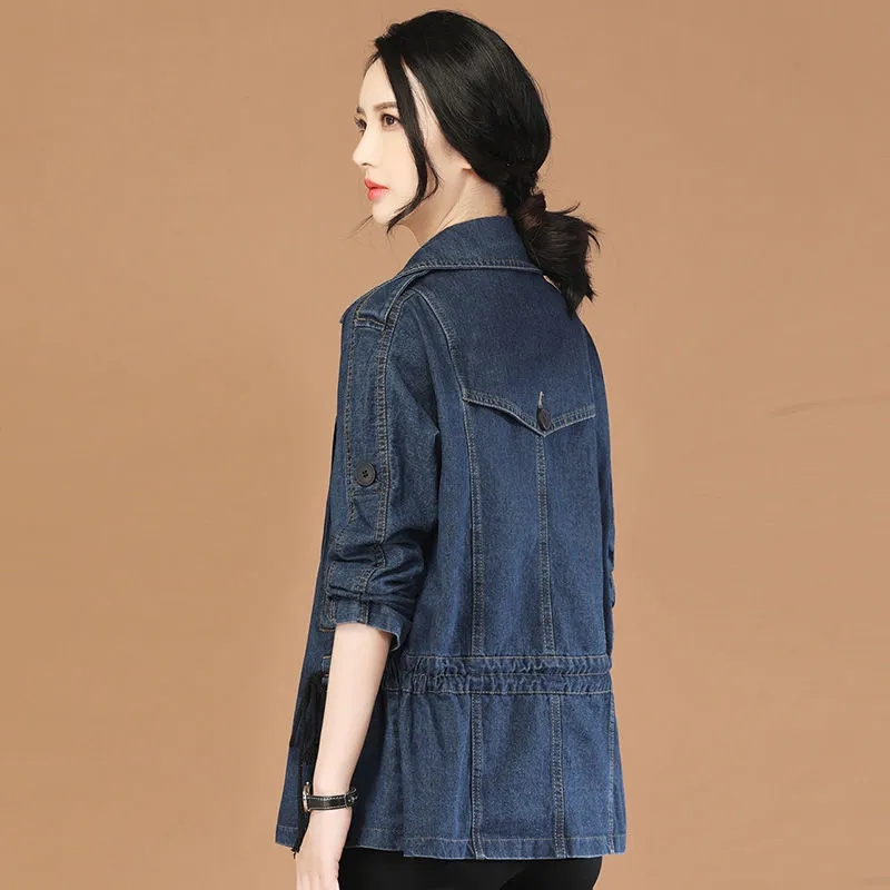 Luckwaveonline Mid Length Waisted Blazer Collar Jean Jacket Women 2025 New Spring Autumn Wear Korean Version Loose Top Trench Baseball Uniform