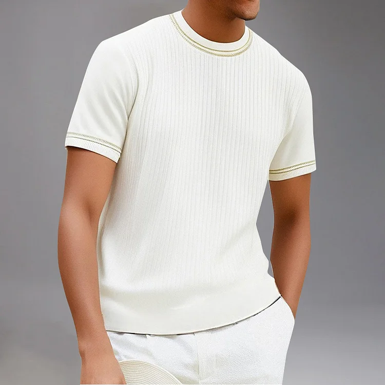 Retro Stripe Pattern Crew Neck Short Sleeve Knitted T-Shirt Okaywear