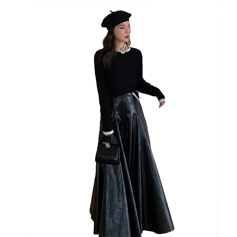 Huiketi Spring Autumn Chic Black Shiny Patent Pu Leather Maxi Pleated Skirt Women High Waist Long Luxury Designer Clothes 2023
