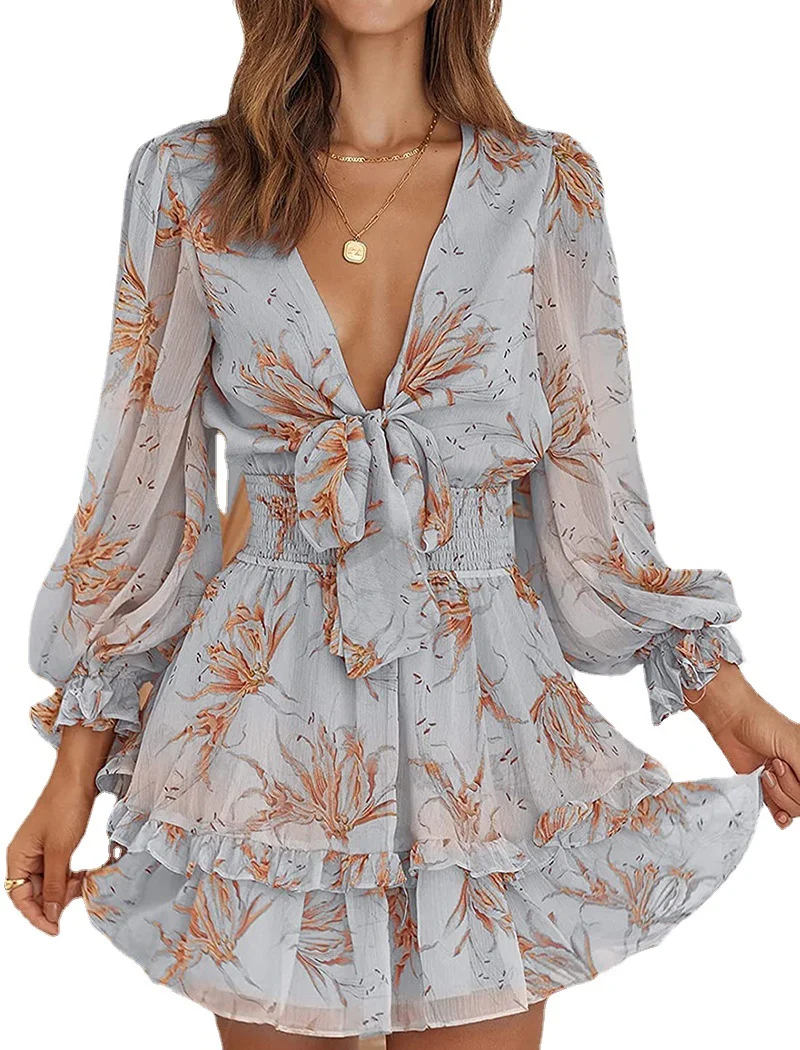 Uveng Uveng Chiffon Short Temperament Commuting Short Dress Spliced Green Mid-Rise Dress