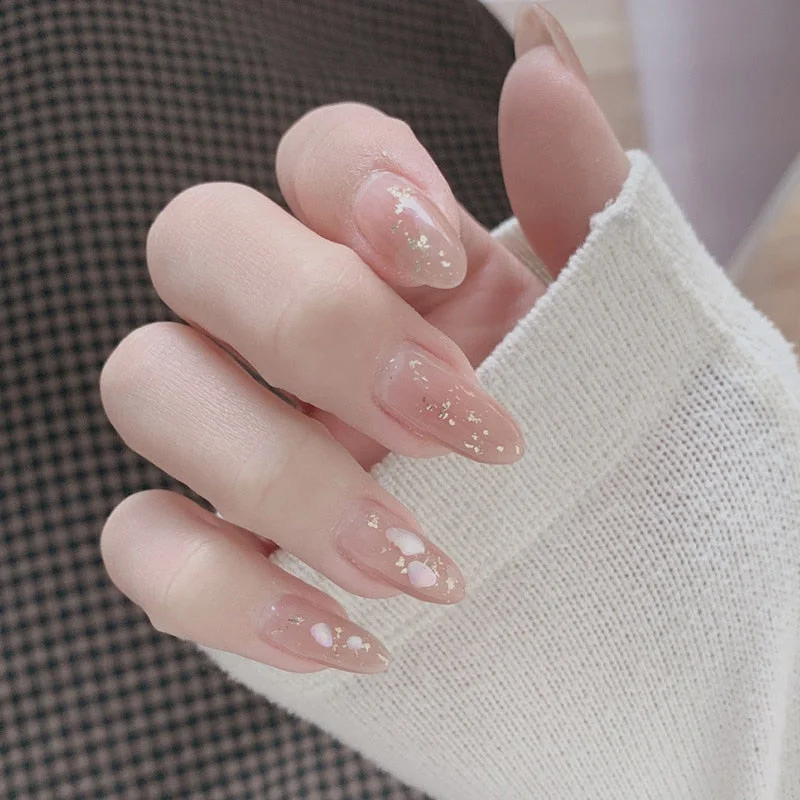 24pcs Gentle Nude Color Gradient Natural Paillette Decor Fake Nails Temperament Elegant Wearable Detachable Fingernail T