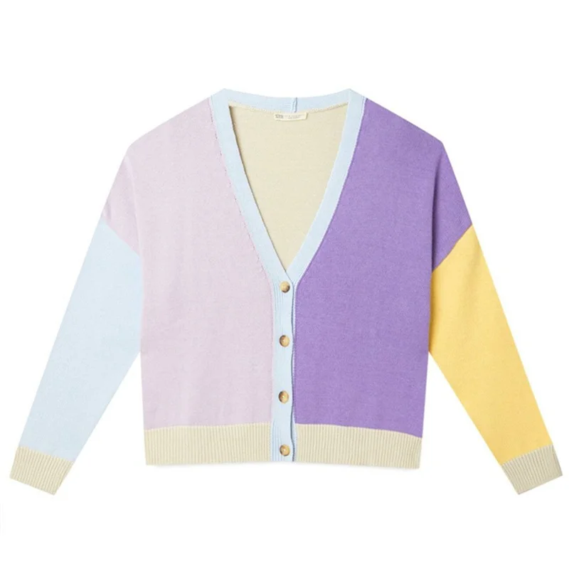 Women Cardigan Sweater Long Sleeve Cardigan Vintage Contrast Color Single-breasted Knitted Coat Sexy V Neck Tops