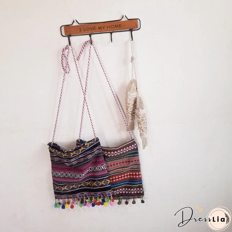 New Handmade Original Retro Storm Bohemian Canvas Bag Ethnic Style Fur Ball Tassel Crossbody Bag Shoulder Bag