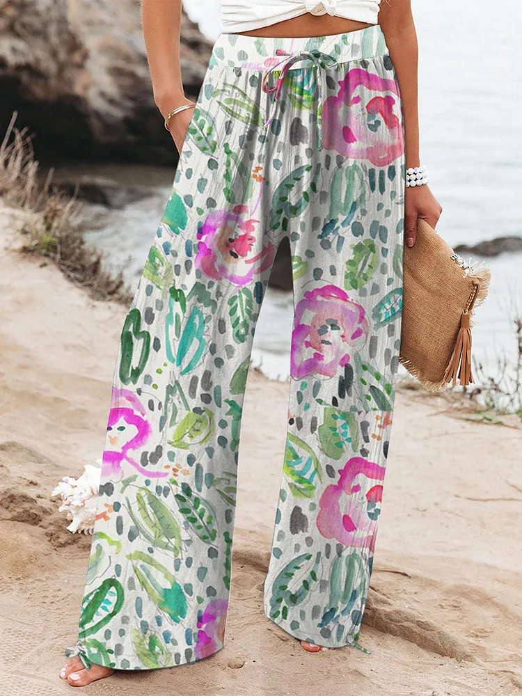 Women's  Vintage Flowers Art  Printed Cotton And Linen Casual Pants