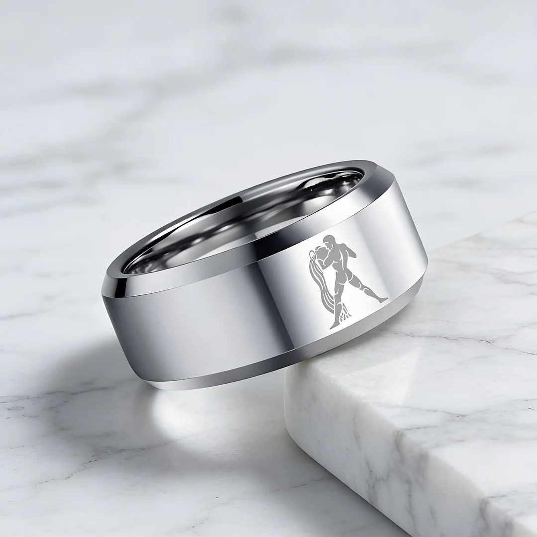 Sliver Aquarius Couple Wedding Bands Beveled Edges Sliver Laser Etched Tungsten Carbide Rings 4MM 6MM 8MM