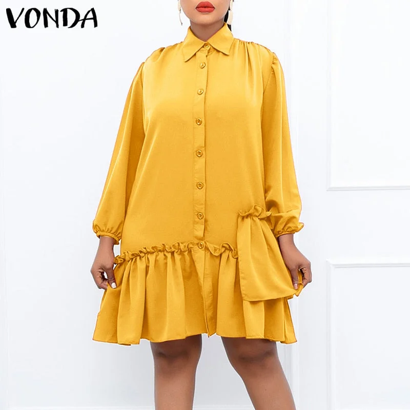 Autumn Long Sleeve Dress 2022 VONDA Women Casual Turn Down Neck Party Dress Ruffled Robe Femme Oversized Vestidos