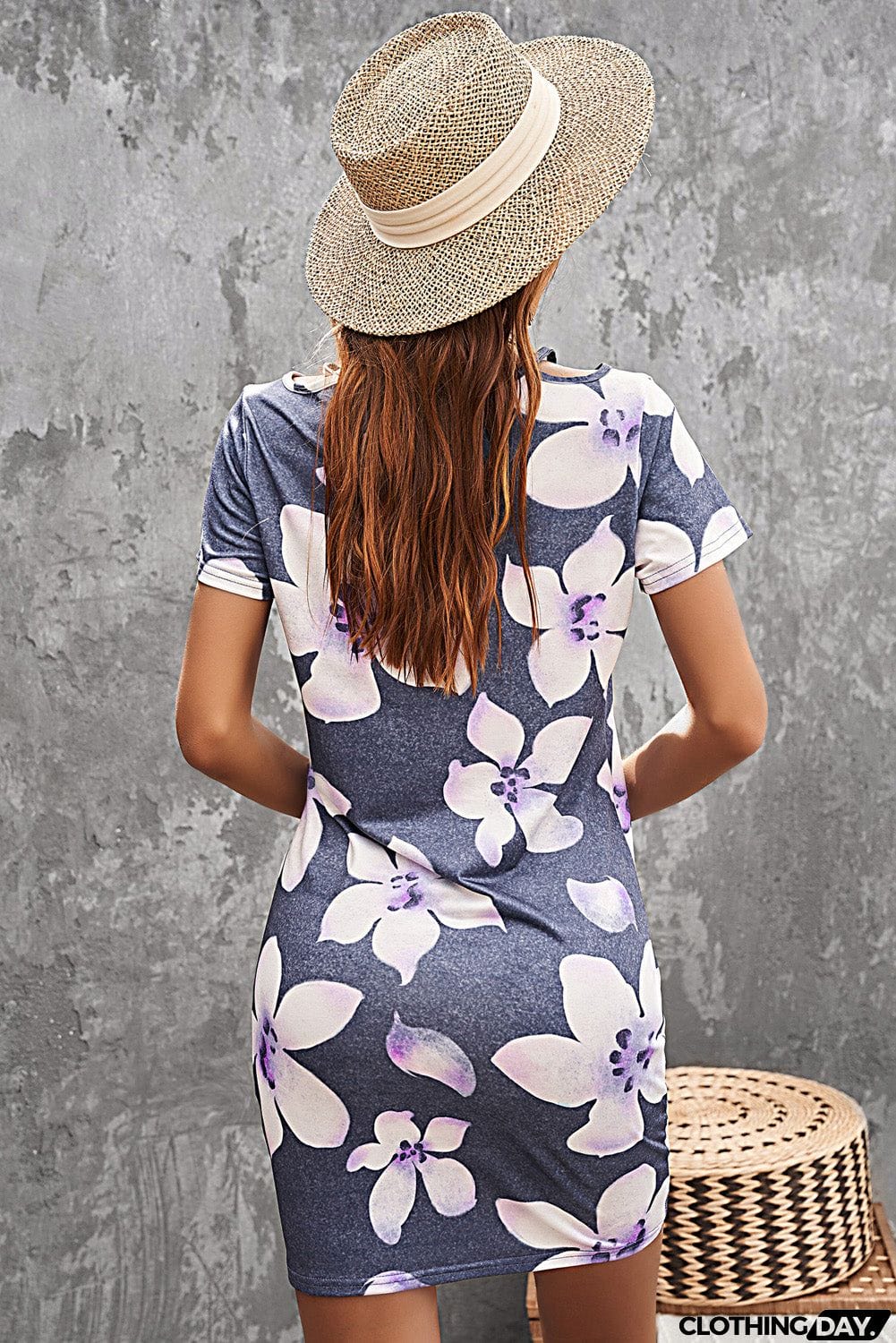 Gray Floral Print Hollow Out Twist Short Sleeve T Shirt Mini Dress