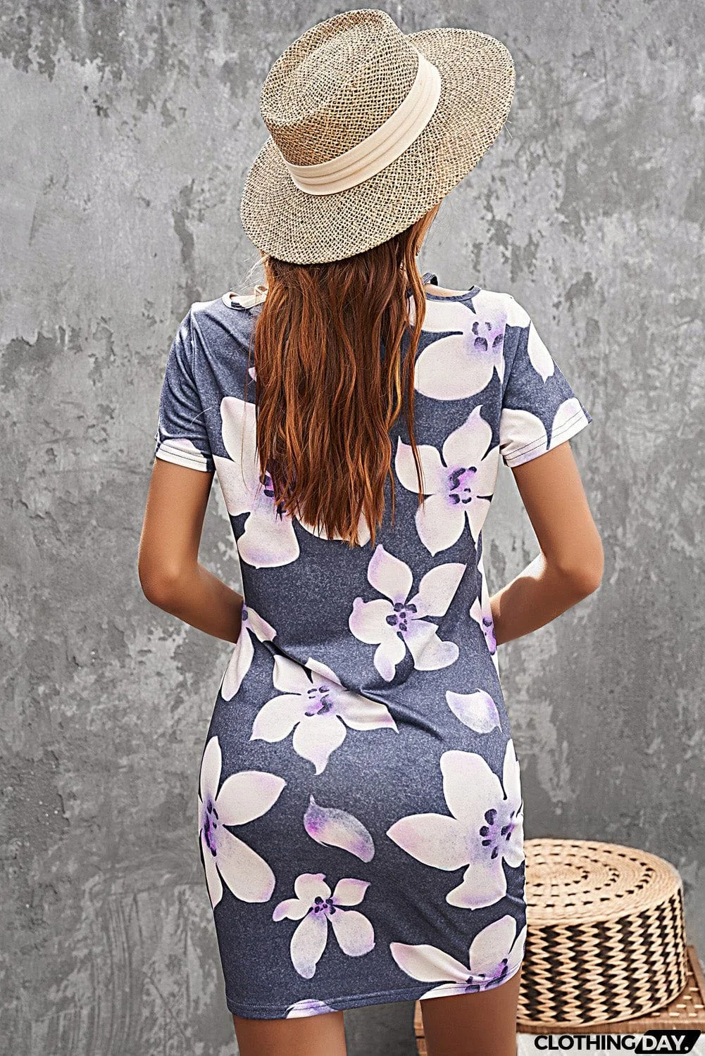 Gray Floral Print Hollow Out Twist Short Sleeve T Shirt Mini Dress