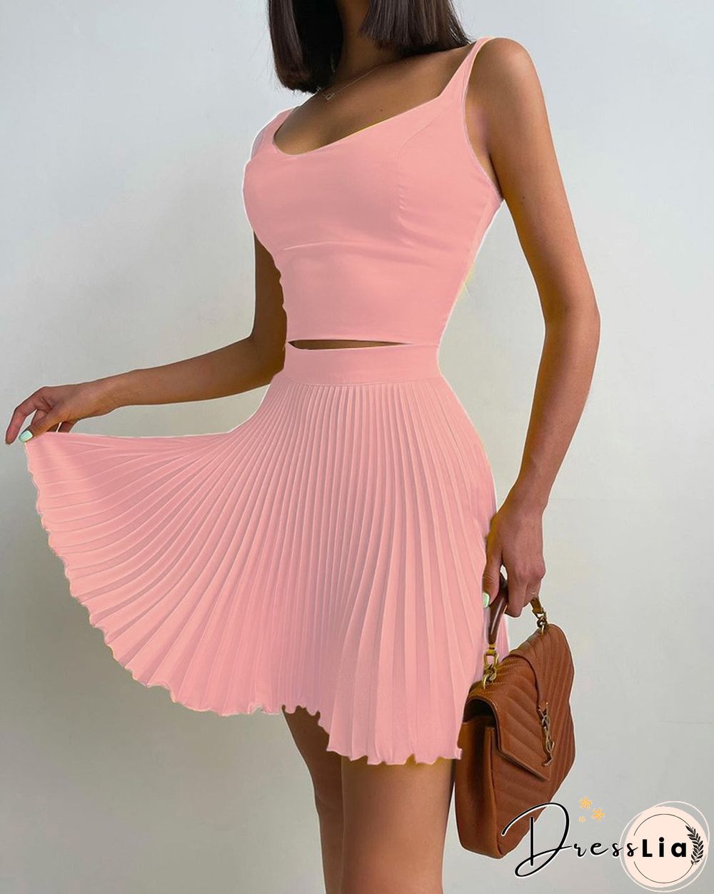 Square Neck Crop Top And Pleated Skirt Sets