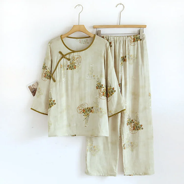 Retro Floral Bamboo Fiber Pajama Set Radinnoo.com