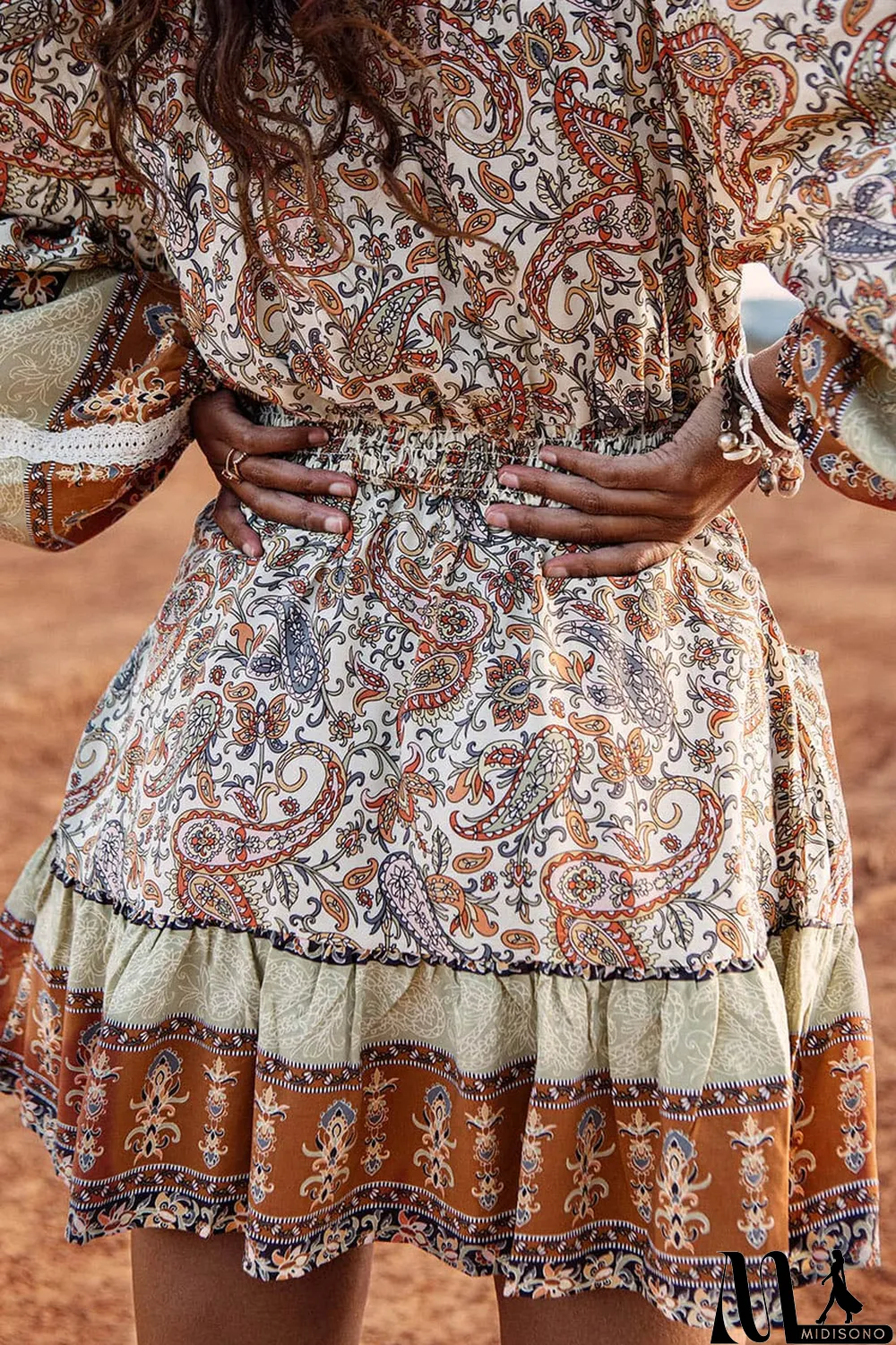 MidiSono - Multicolor Lace Splicing Split Neck Paisley Ruffle Mini Dress