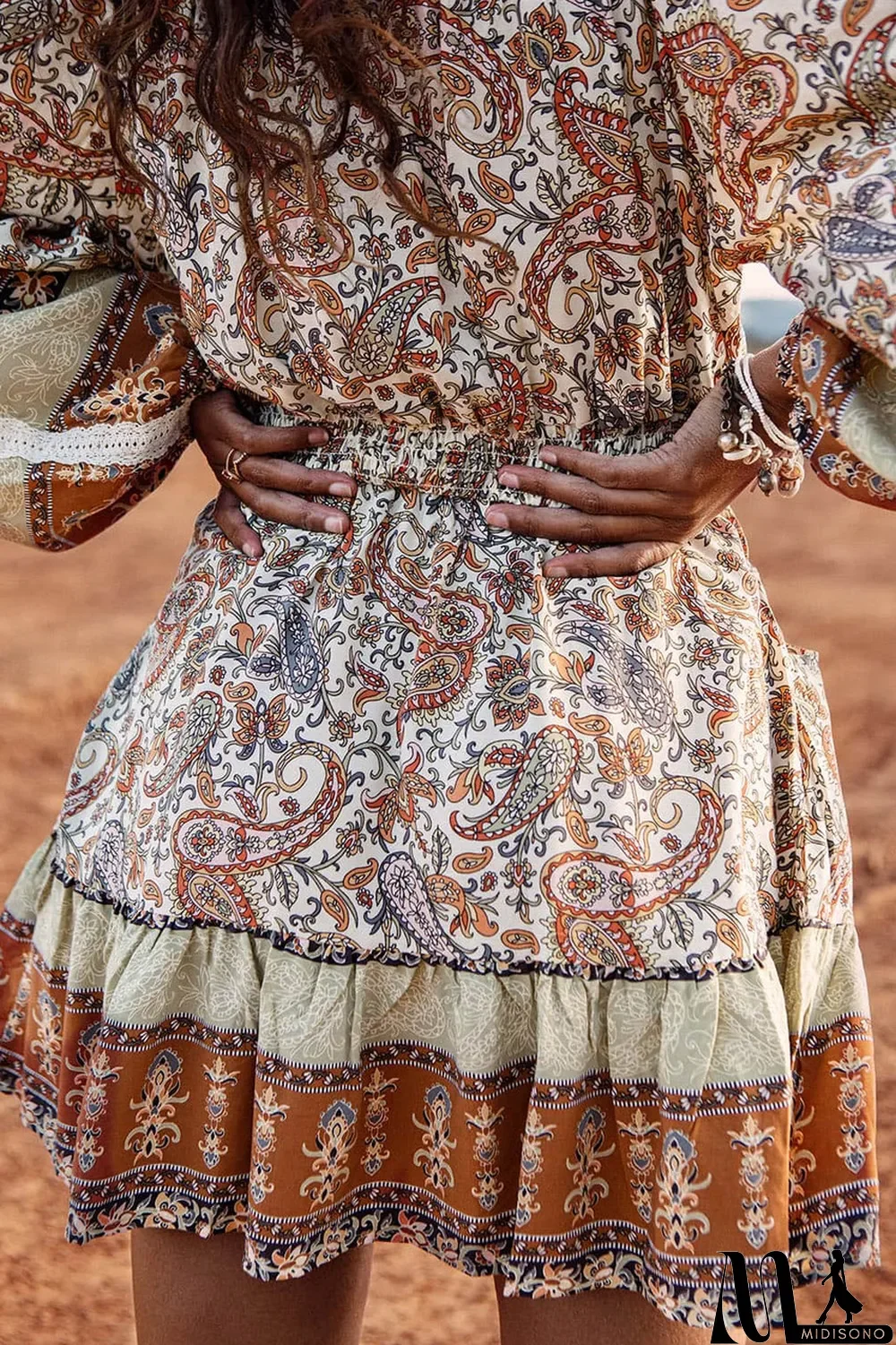 MidiSono - Multicolor Lace Splicing Split Neck Paisley Ruffle Mini Dress