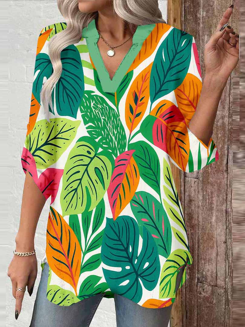 Women Tropical, Floral, Green DZGA0081 3/4 Sleeve V-neck Printed Graphic Button Tops