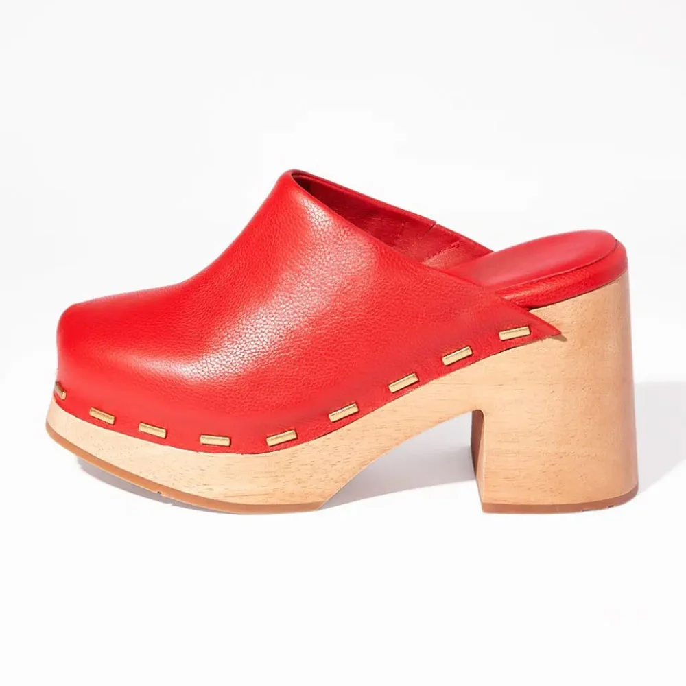 Fashion Red Square Toe Chunky High Heel Platform Mules for Women