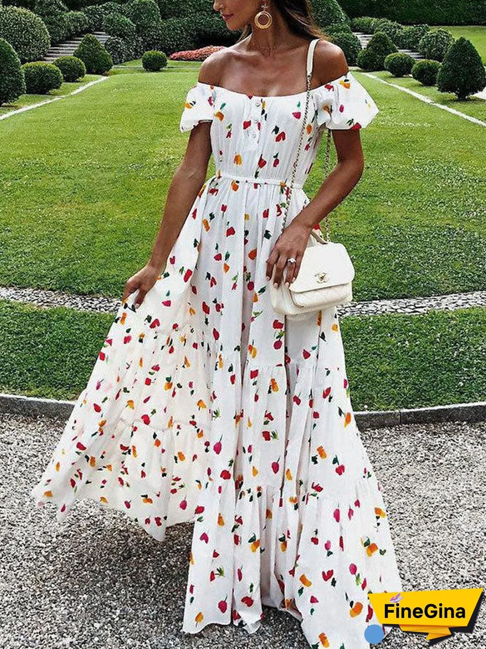 Open Shoulder Floral Printed Beach Dress