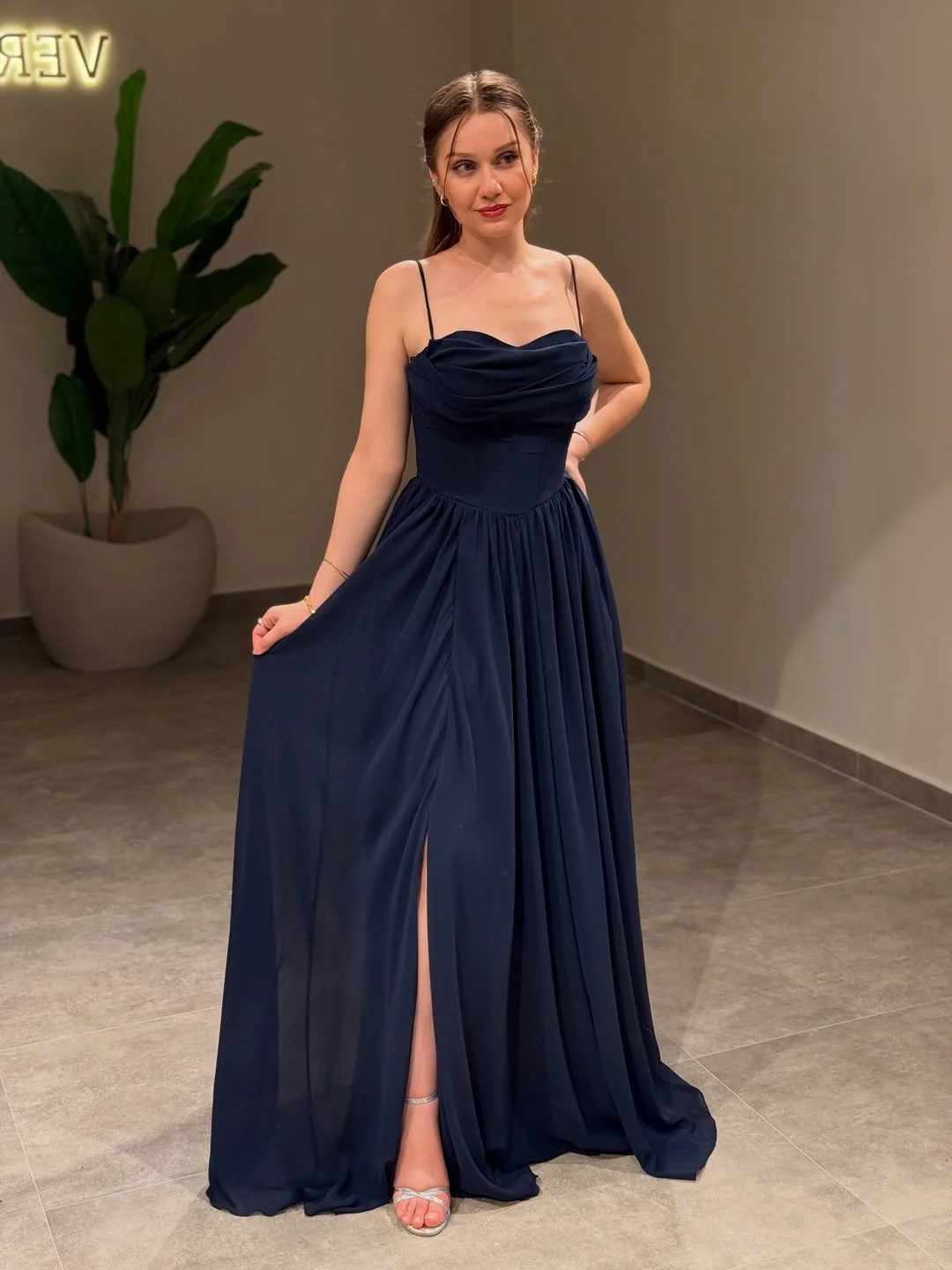Graceful Dark Navy Pleated Spaghetti-Straps Split Sleeveless Prom Dress YK0282