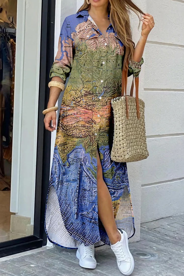 Indigo Casual Print Patchwork Buckle Turndown Collar Shirt Dress Dresses