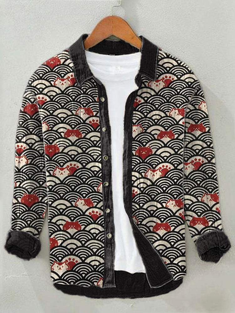Comstylish Japanese Art Wave and Cat Print Cozy Cotton Linen Shirt