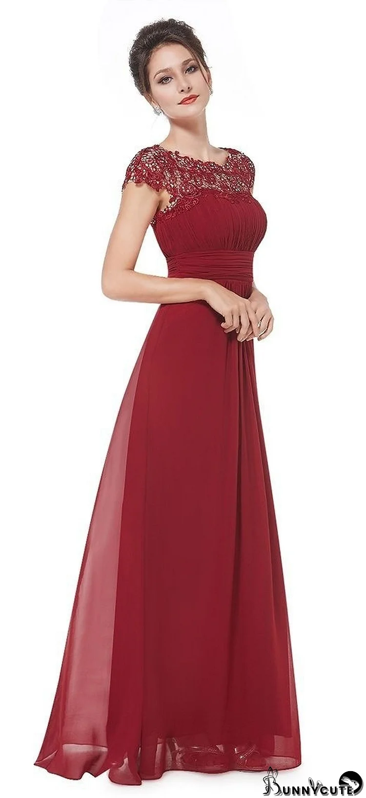 Women Elegant Short Sleeve Lace Bridesmaid Evening Dress