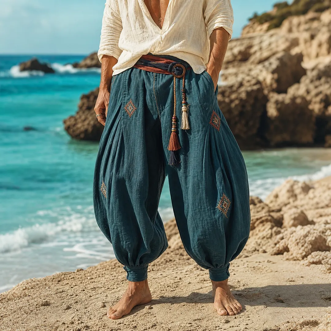 Bohemian Style Cotton-Linen Harem Pants With Embroidered Diamond Motifs, Loose Fit Wide Leg Trousers For Beach And Summer Wear-INSPIREUSE