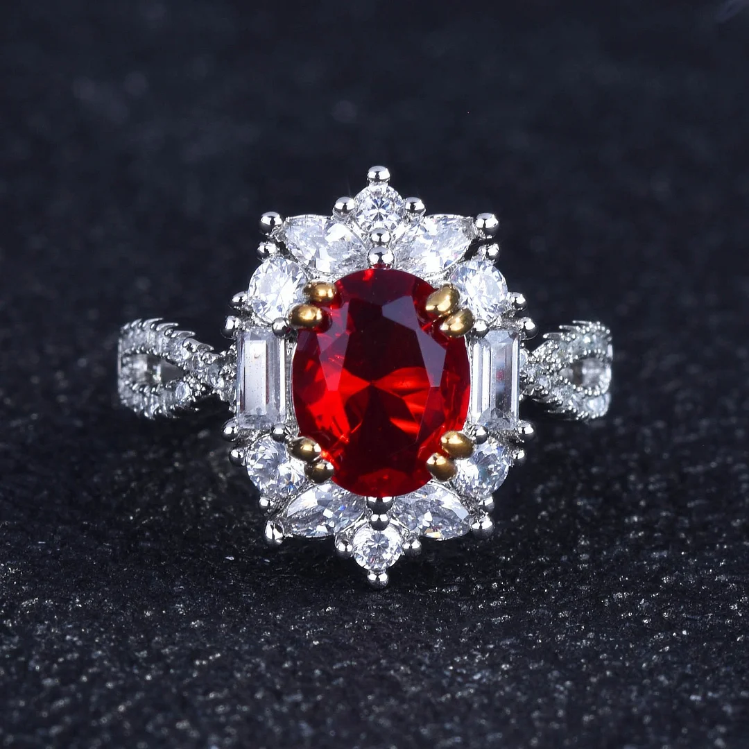 Vintage Female Crystal Oval Thin Open Ring Charm Silver Color Engagement Ring Luxury Red Zircon Stone Wedding Rings For Women