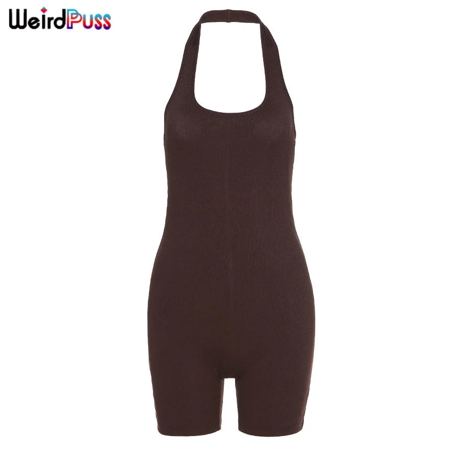 Weird Puss 2021 Spring Overalls For Women Halter Sexy Romper Ribbed Skinny Stretchy Sporty Fitness Backless Playsuits Outfits