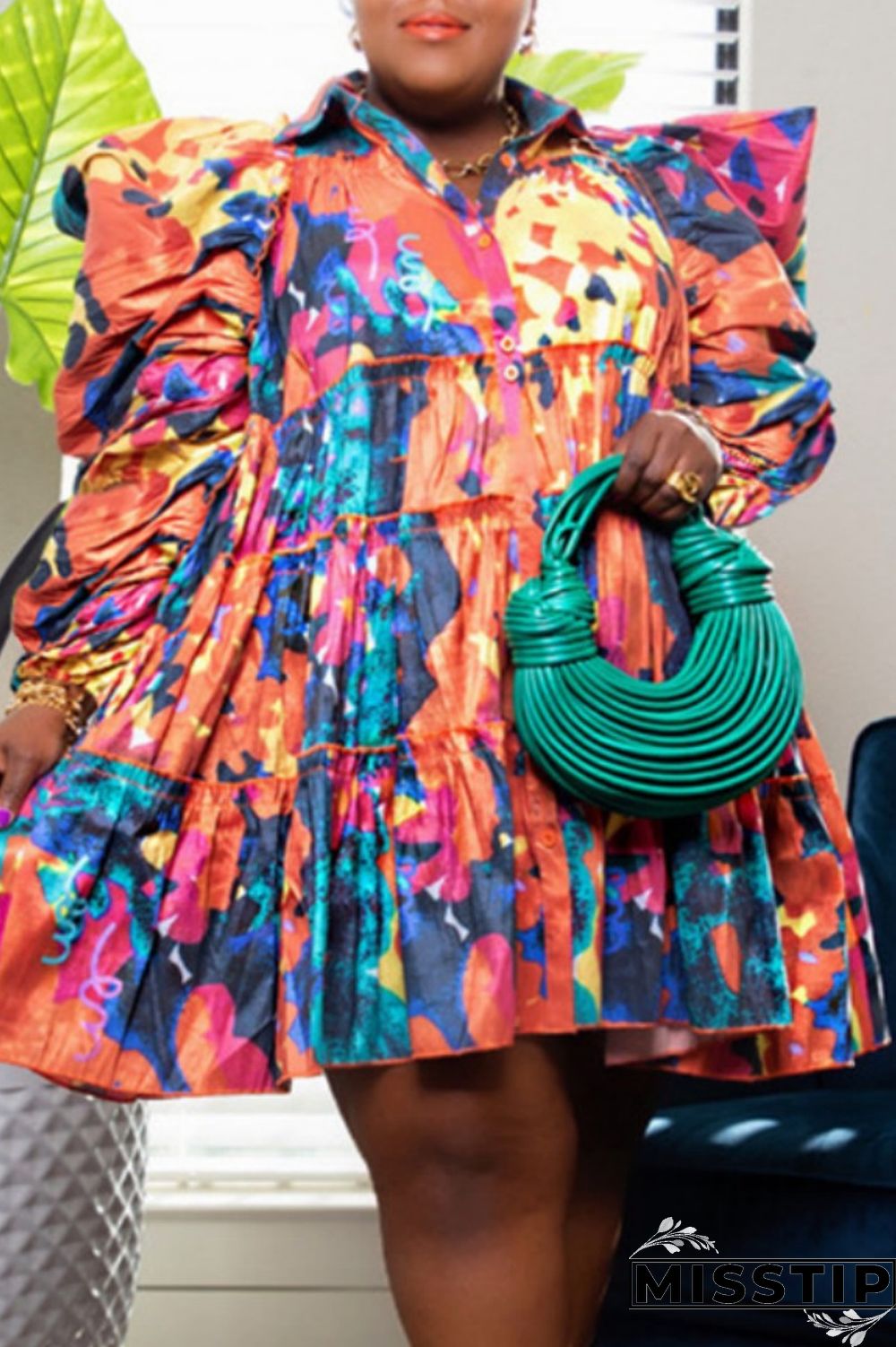 Orange Green Casual Print Patchwork Shirt Collar Shirt Dress Plus Size Dresses