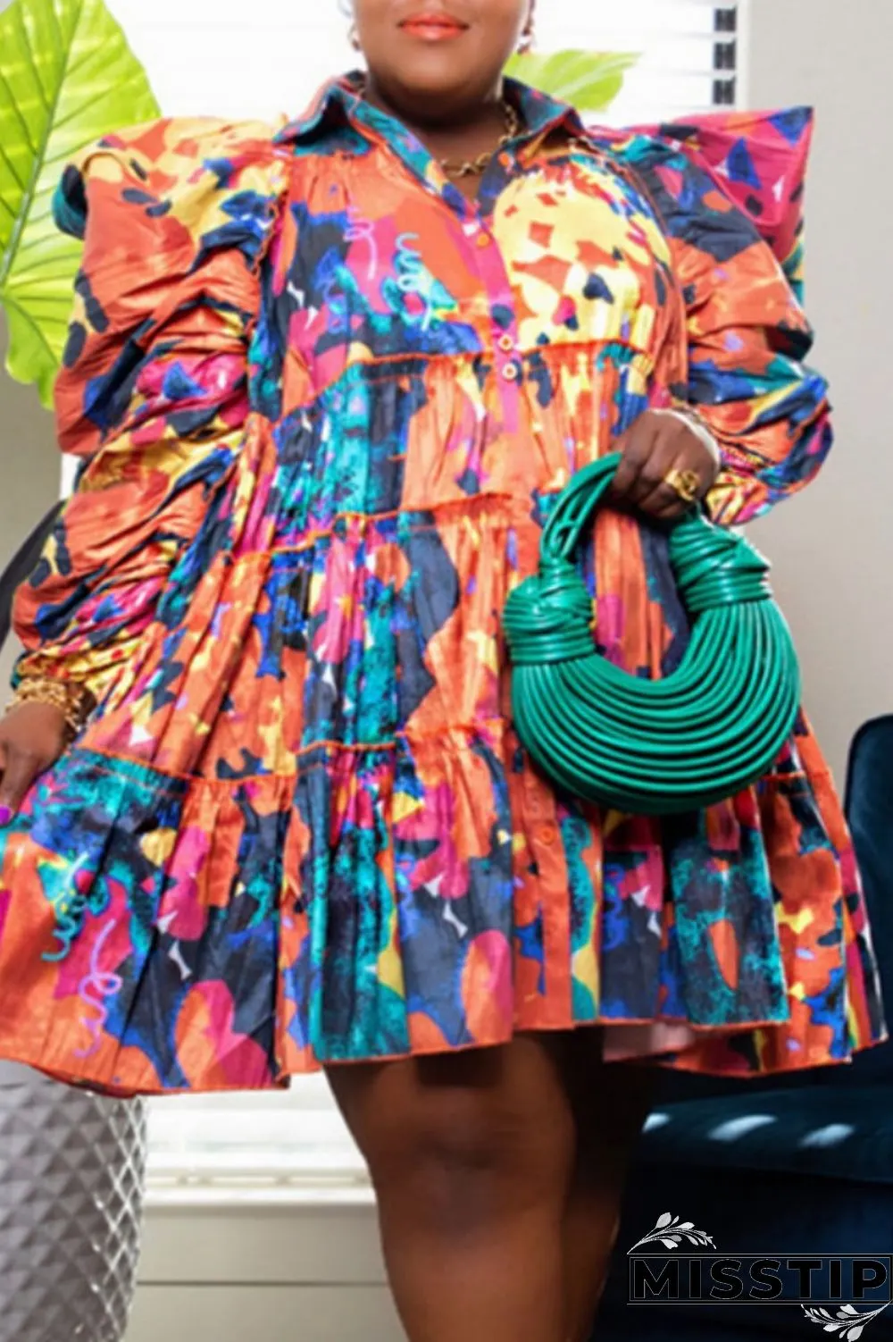 Orange Green Casual Print Patchwork Shirt Collar Shirt Dress Plus Size Dresses