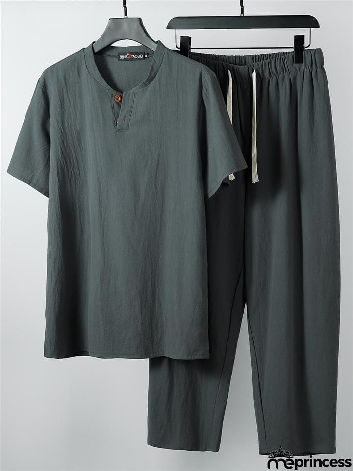 Solid Color Lightweight 2-Piece Outfit Button T-Shirt + Drawstring Waistband Cropped Pants