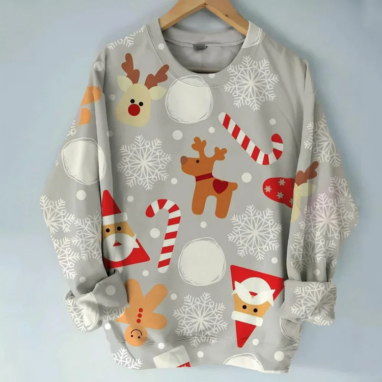 Christmas Gingerbread Man Elk Santa Printed Round Neck Sweatshirt