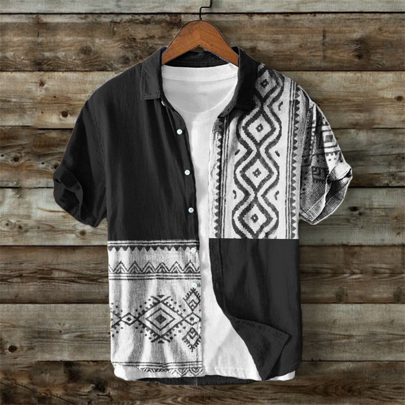 Men's Ethnic Geometric Colorblock Linen Shirt