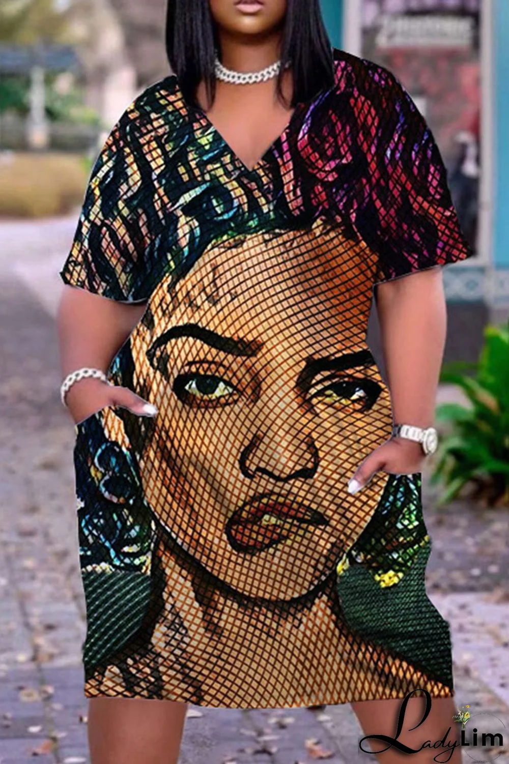 Brown Casual Print Pocket V Neck Straight Dresses